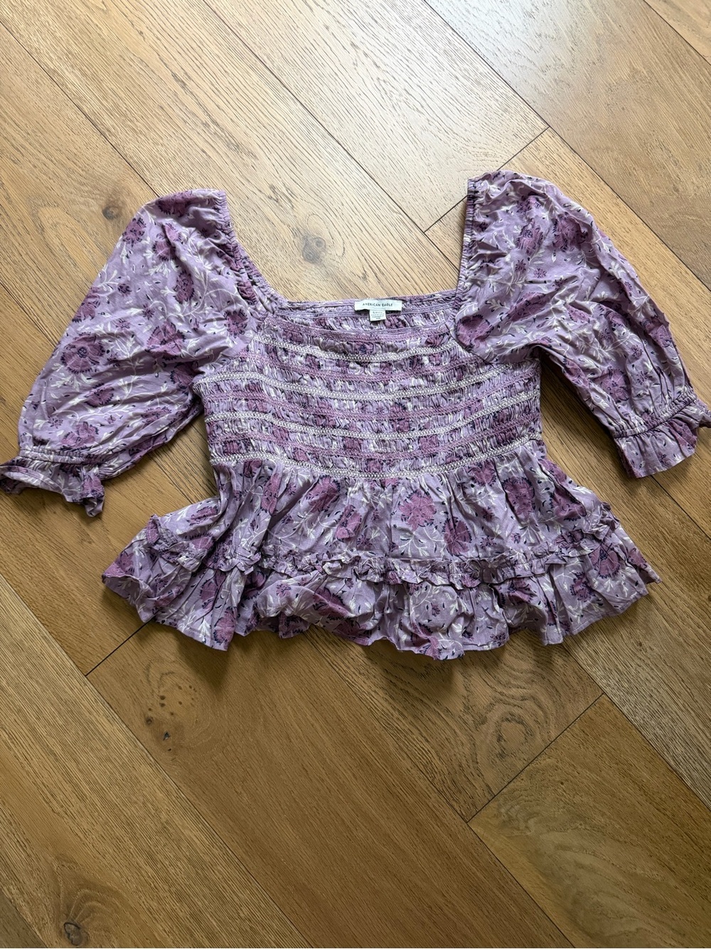 American Eagle Outfitters Lavender Floral Smocked Peplum Top